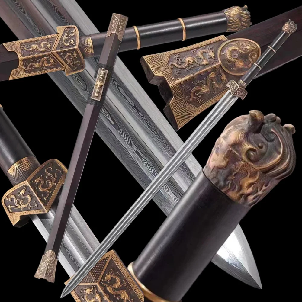 

Very Exquisite Chinese Han-Jian Sword Kungfu Jian Damascus Steel Blade Ebony Sheath Copper Fittings Full Tang Nice