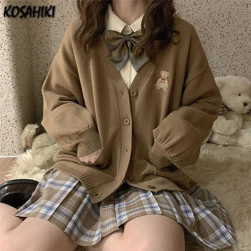 

KOSAHIKI Women Sweater Vintage Y2k Loose Knitted Cardigan Bear Embroidery Jumper 2022 Japan Korean V-neck Casual Coat Jackets