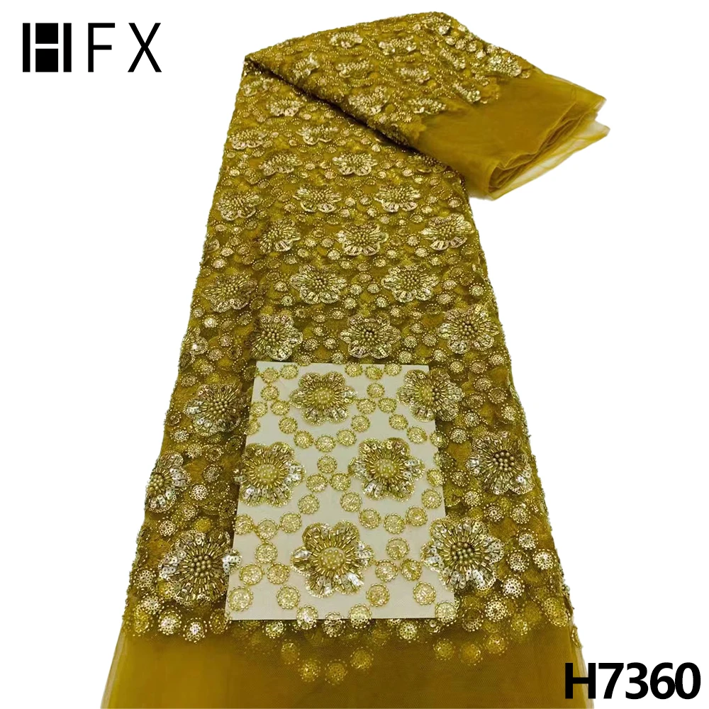 

HFX Luxury Heavy Beaded Gold Lace Fabric For Wedding 2022 Latest Embroidery Sequin African French Net Lace Fabric 5 Yards F7360