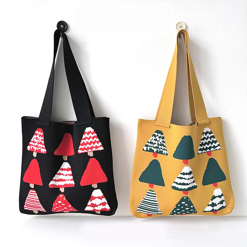 Вязаная сумка большой емкости женская модная на плечо рождественская сосна