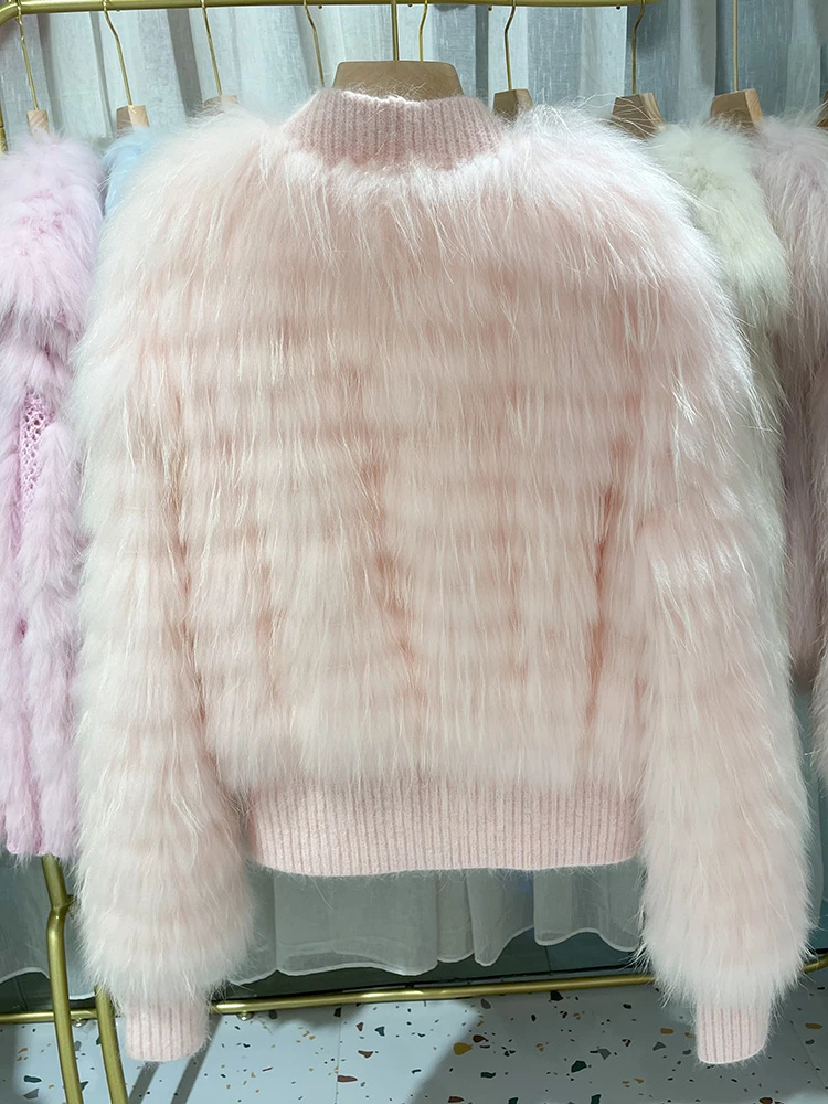 2022 Ladies luxury Natural Fur Jacket V Neck real Raccoon Fur Warm Puff Sleeve Coat Women's fur Jacket New