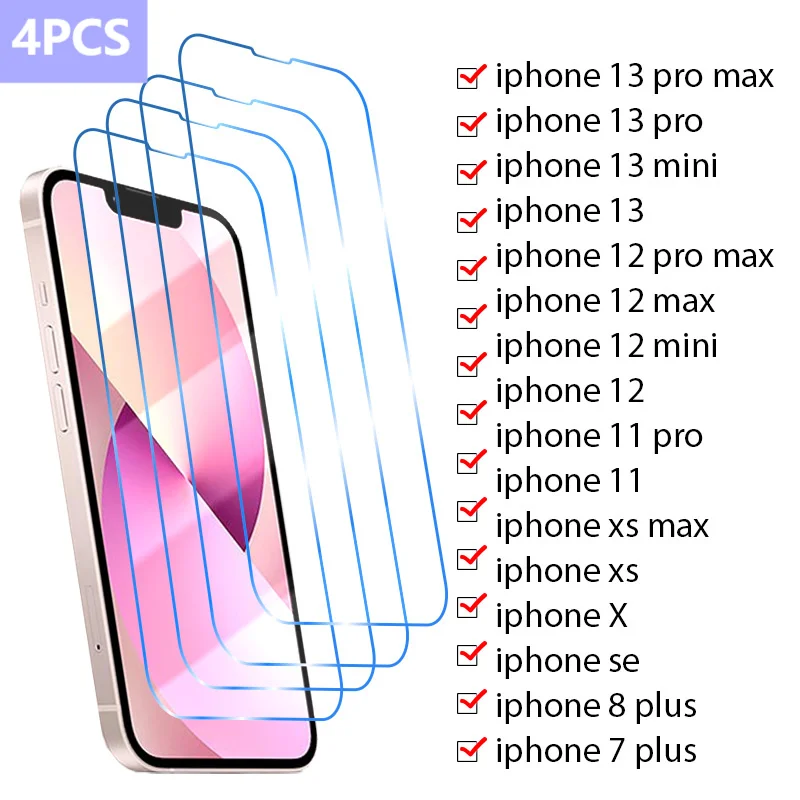 

Защитное стекло, закаленное стекло для iPhone 13/12/11 Pro Max Mini/13/X/XR/XS Max/8/7 Plus/SE 2020, 4 шт.