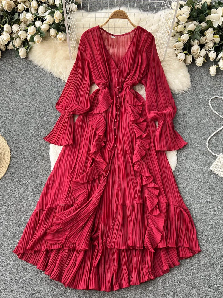 Women Autumn Winter Solid Long Dress Elegant Casual Fashion Office Lady Pullover V Neck High Waist Streetwear Chiffon Dress 2023