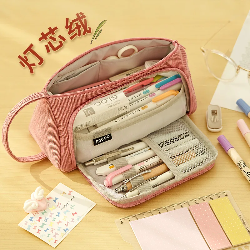

Large Capacity Corduroy Pencil Bag Simple Pink Multi-function Stationery Case Side Open Gift Storage Scissors Holder Pouch INS A