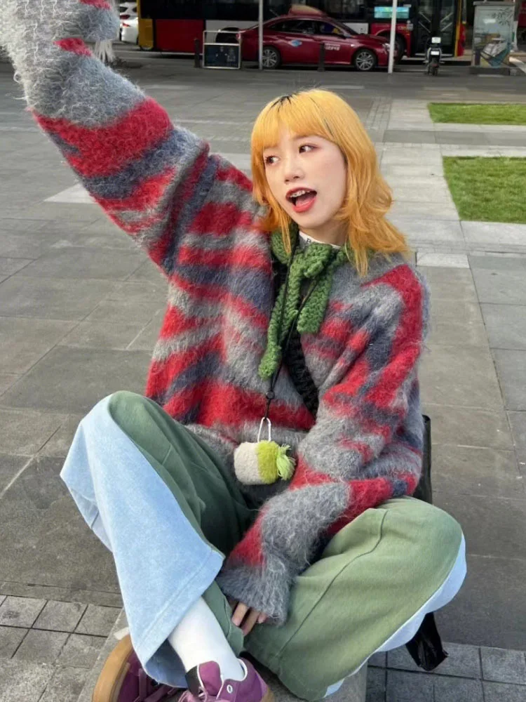 

Y2k Aesthetic Harajuku Vintage Pullover Women Autumn Loose All-match Female Sweater Knitwear Casual Grunge Contrast Color Jumper