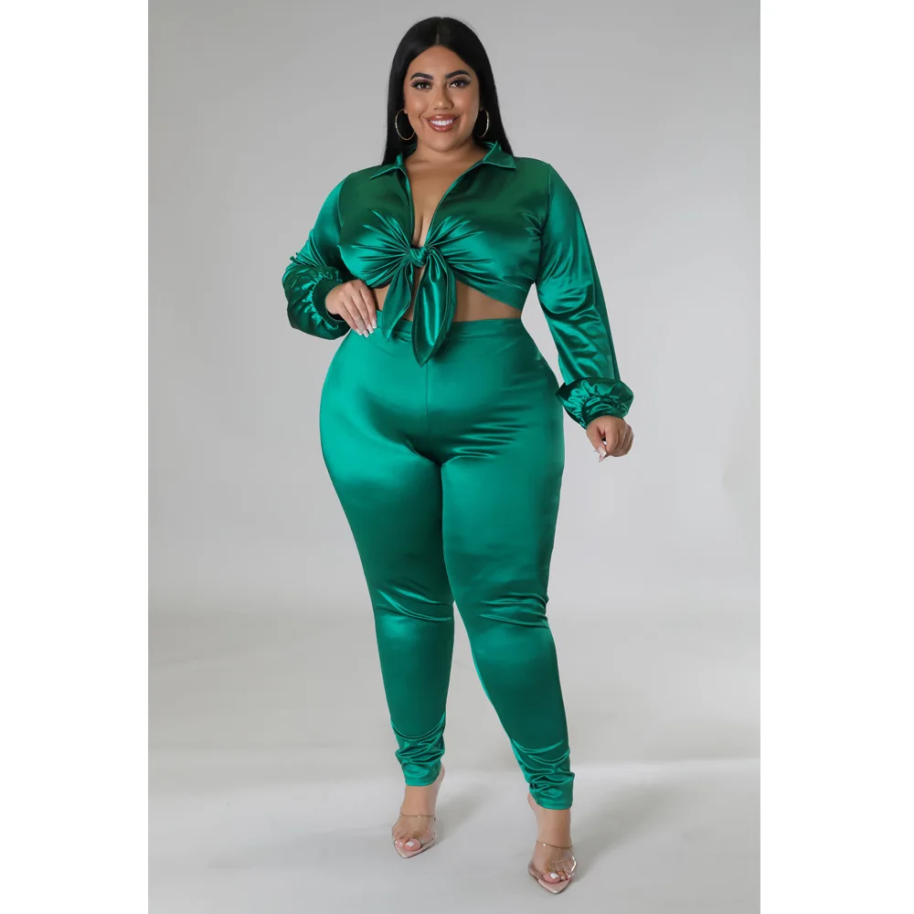 Plus Size Sets Solid Turn-down Collar Elastic Waist Set of Women's Clothing 2 Pieces Full Slim Fit Sexy Plus Size Two Piece Sets