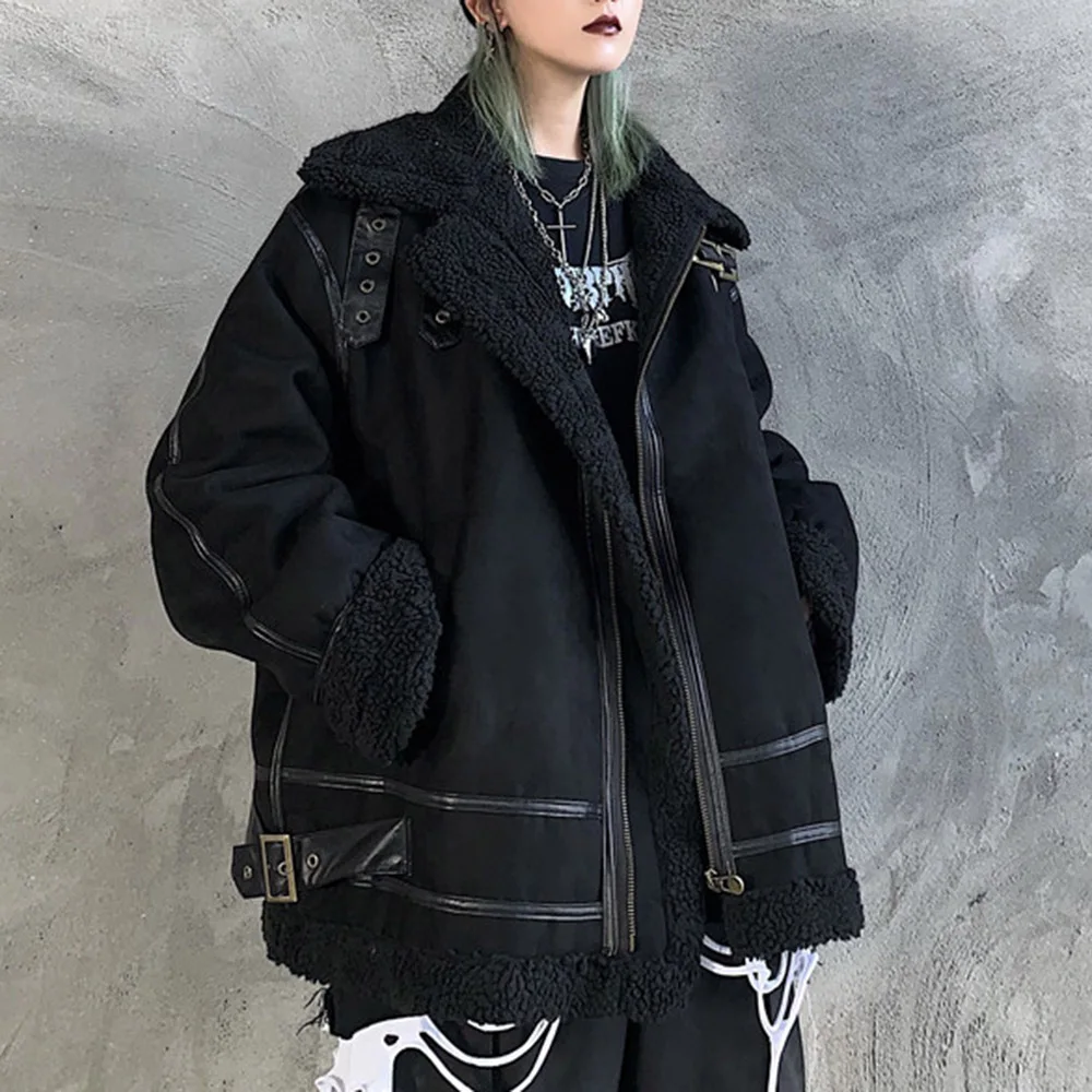 

Winter Jacket Women 2023 Gothic Punk Warm Oversize BF Style Pocket Black Coat Female Retro Streetwear Harajuku Chic Outwear New