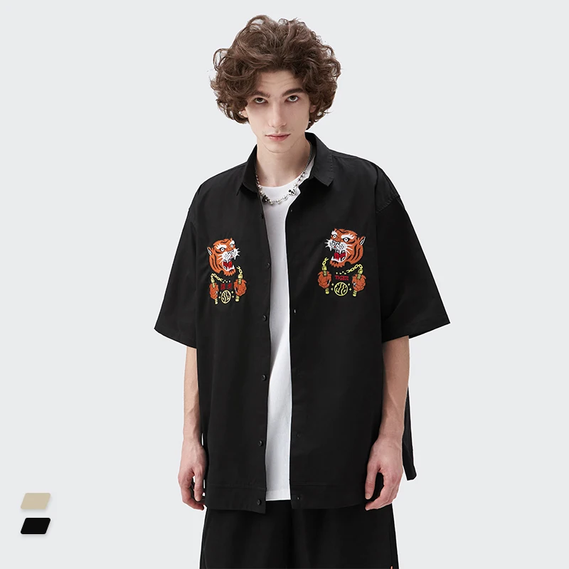 

Two Tiger Warrior Emboridery T-shirts Summer Graphic Blouses for Men Clothing