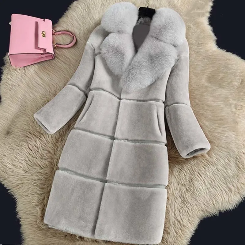 Women Faux Fur Coat Elegant 2023 New Winter Warm Soft Fox Fur Collar Long Jacket Female Plush Overcoat Casual Cashmere Outwear
