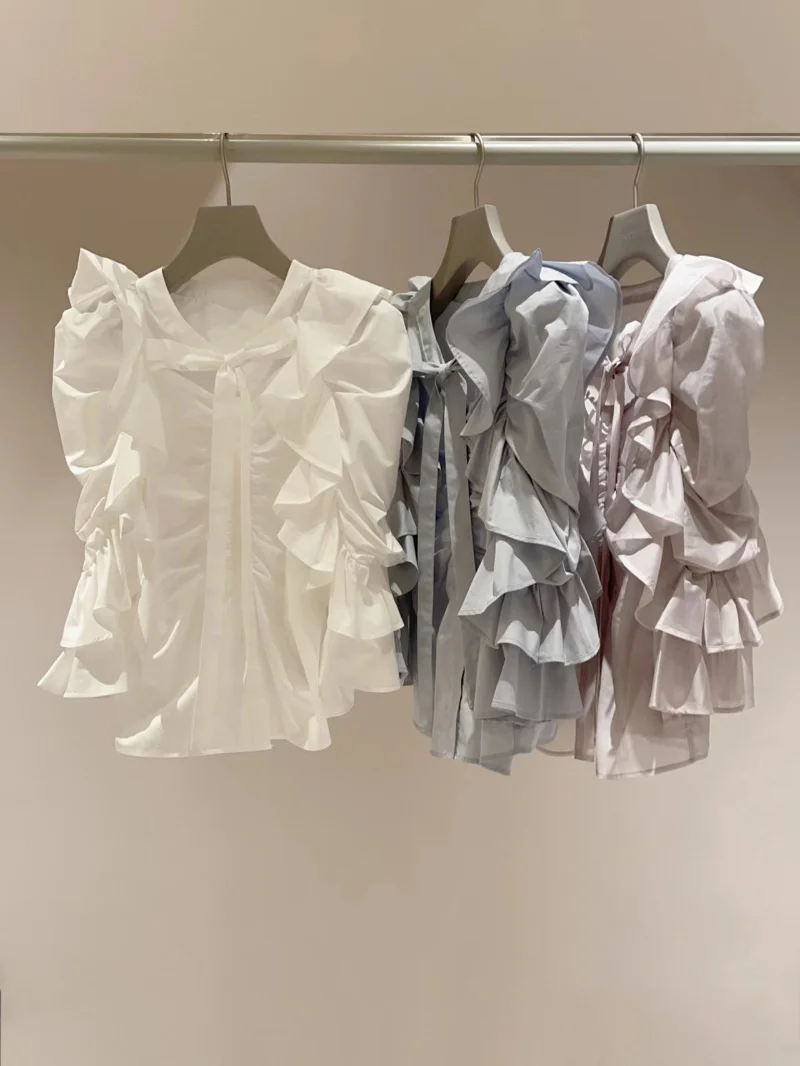 Kuzuwata 2024 Весенняя рубашка в японском стиле Блузы с оборками на шнуровке