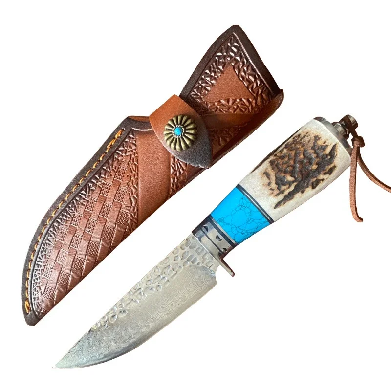 Охотничий нож из дамасской стали с оленем и фиксированным лезвием