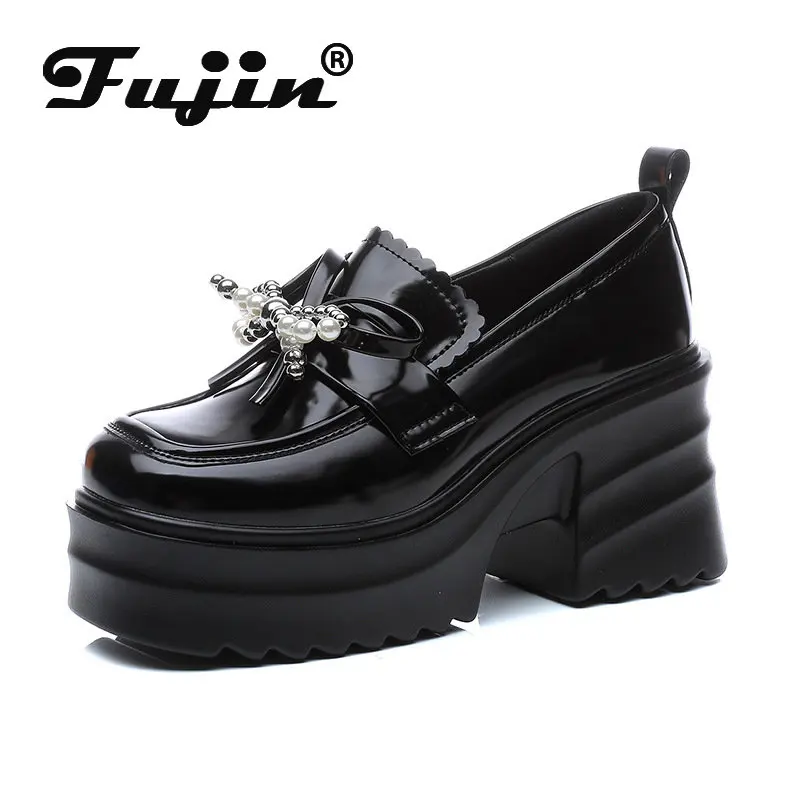 

Fujin 9cm Patent Microfiber Booties Platform Wedge Fashion Hidden Heel Women Females Lolita Japanese Style Spring Autumn Shoes