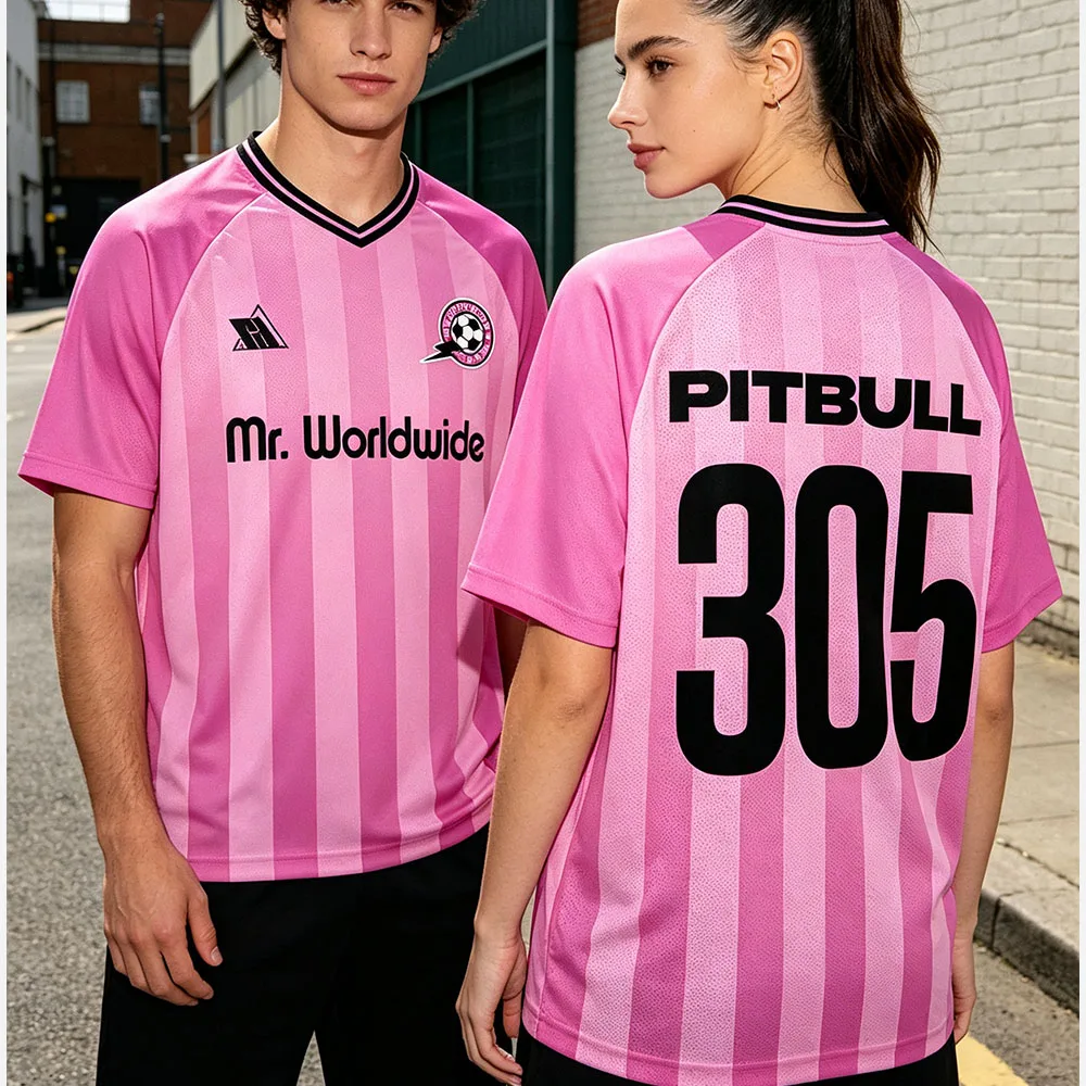 Фото Футболка Pitbull Mr. Worldwide 305 Pink Jersey, свободная летняя унисекс-футболка с коротким рукавом, повседневная уличная одежда, мужская футболка с V-образным вырезом и принтом №1
