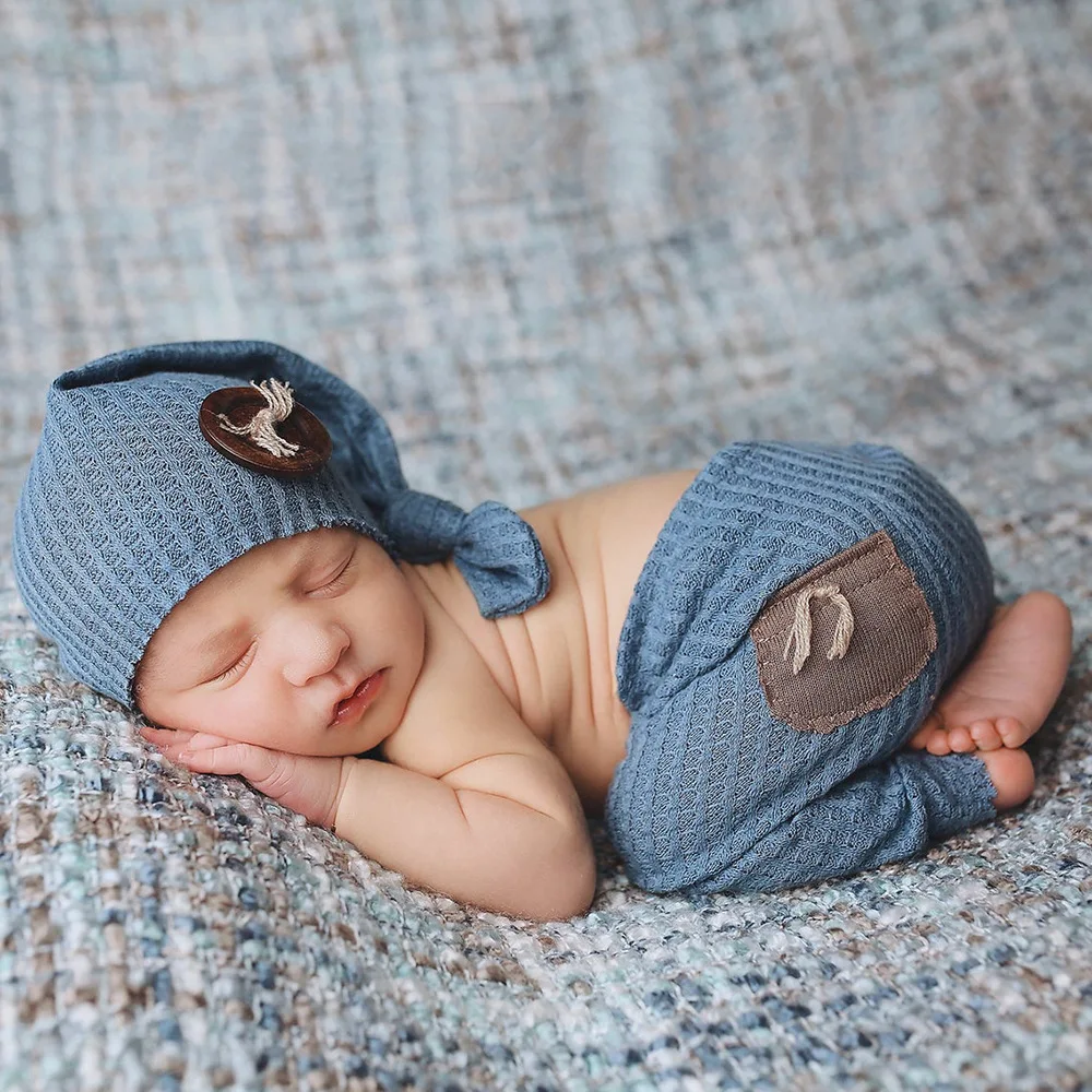 Newborn Photography Pants Long Tail Hat Two Piece Set Baby Knitted Pants with Wooden Button Knot Hat Photography Set Male Baby