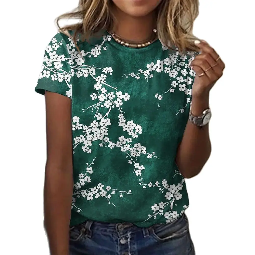 

Летняя женская футболка с круглым вырезом, Повседневная футболка с цветочным принтом и коротким рукавом, топ, Женская Повседневная Свободн...