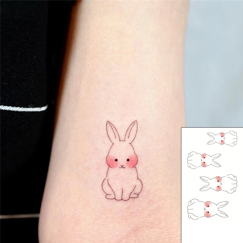 Temporary Tattoo Sticker Cartoon Cute Shy Bunny Animal Chinese Japanese Text Waterproof Art  Fake Tattoos Flash Tatoos Men Women