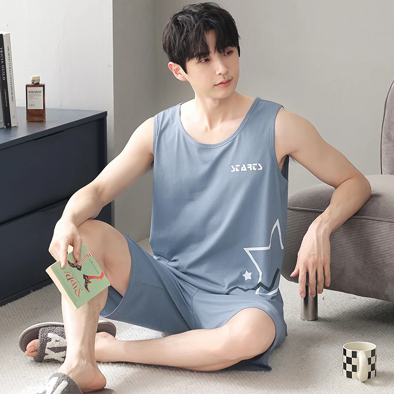 CAIYIER New 2023 Summer Men Pajamas Set Vest Top Shorts Sleepwear For Male Soft Cool Nightwear Cotton Casual Home Clothes L-4XL