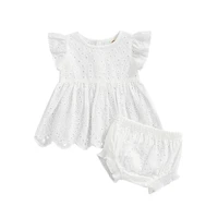 0 24m newborn baby girls 2pcs outfit toddler summer solid color cutout fly sleeve tops and stretch casual ruffled shorts set