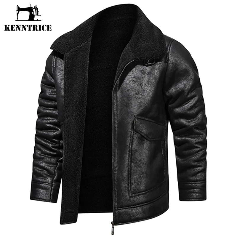 

Kenntrice Men Biker Leather Jacket Retro Lapel Slim Fit Add Fleece Cotton Coat Menfolk Classic Wild Outerwear Clothes Plus Size
