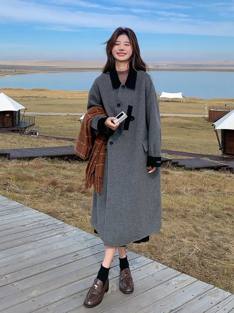 Gray Design Sense Double-sided Cashmere coat Women 2024 Winter New Korean Series Temperament Mid-Length Woolen Jacket