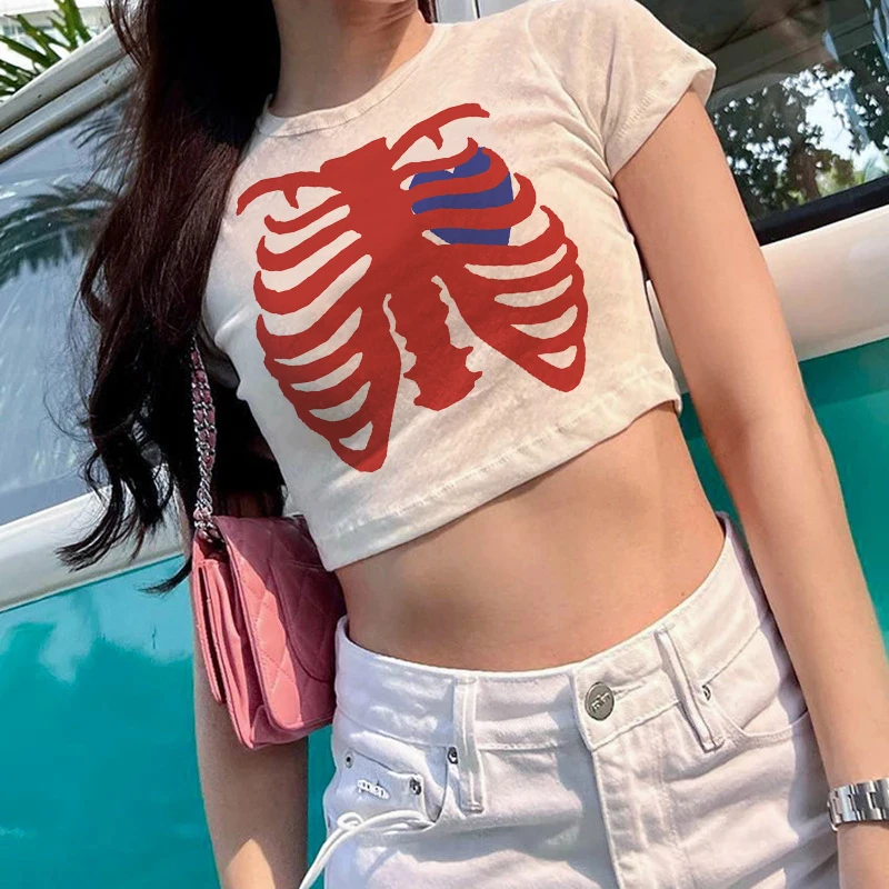 

Fashion Y2K Skeleton T Shirt Women Gothic Black Ladies Retro Harajuku Streetwear Crop Top Tees Cropped Aesthetic T-shirt Female