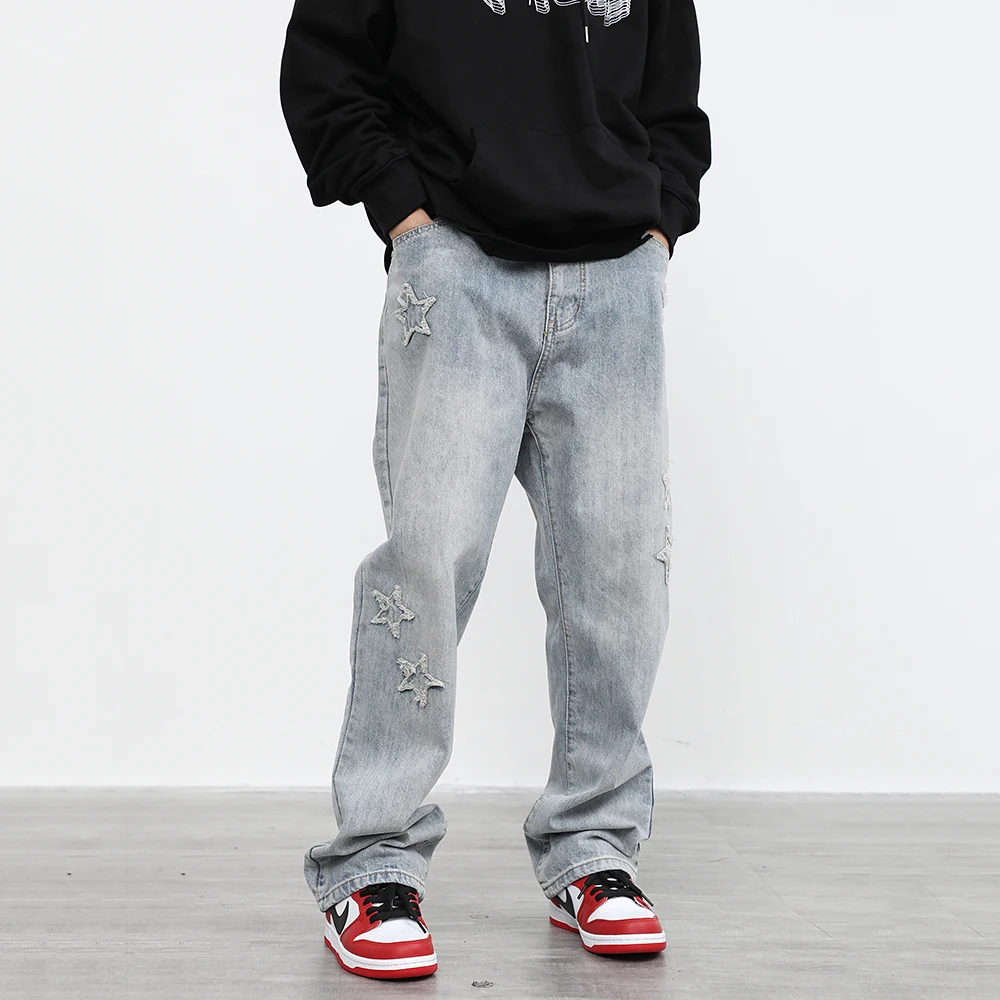 Men's Jeans Five-pointed Star Applique Embroidered Micro Horn Loose Jeans Hip Hop Street Wear Y2K Jeans Street Wear Brand Jeans