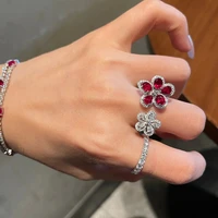 uilz red white zircon double flower rings for women 2022 delicate new fashion jewelry ring adjustable statement bijoux gifts