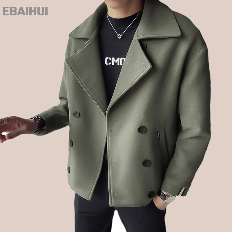 

EBAIHUI Men's Short Trench British Style Lapel Double Breasted Coat Black Green Casual Daily Straight Hem Outwear