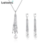 luoteemi trendy long tassel women wedding bridal necklace and earring jewelry for girl drop pendant tassel with pearl set de pu