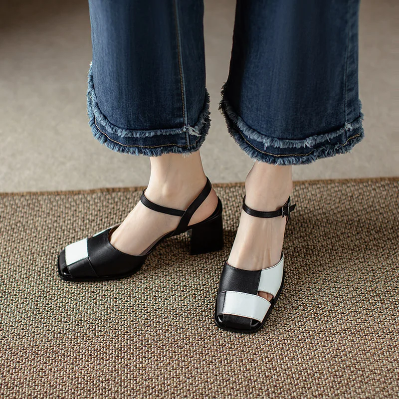 Phoentin Retro mixed colors Square Toe Sandals Women Genuine Leather High Heels Mary Janes shoes New 2023 Summer pumps FT2551