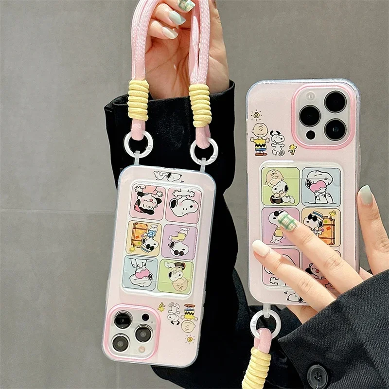 Snoopy Card Holder Pocket With Lanyard Phone Case For Samsung Galay A55 A54 A14 A24 A34 A15 A25 S24 Ultra S22 Plus S23 S21 FE