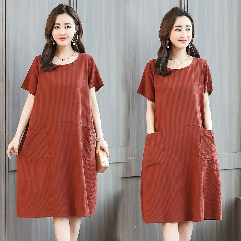 

New Casual 2022 Vintage Summer Plus Size Women Clothe Fashion Vestido Female Regular Short Sleeve Slim O-Neck Cotton Dresses Q64