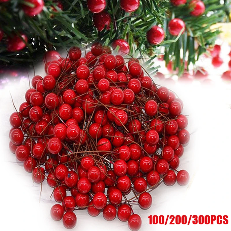 

100/200/300PCS Christmas Red Holly Berries Artificial Flowers Stamens Foam Berry Cherry For DIY Xmas New Year Wreath Gifts Decor