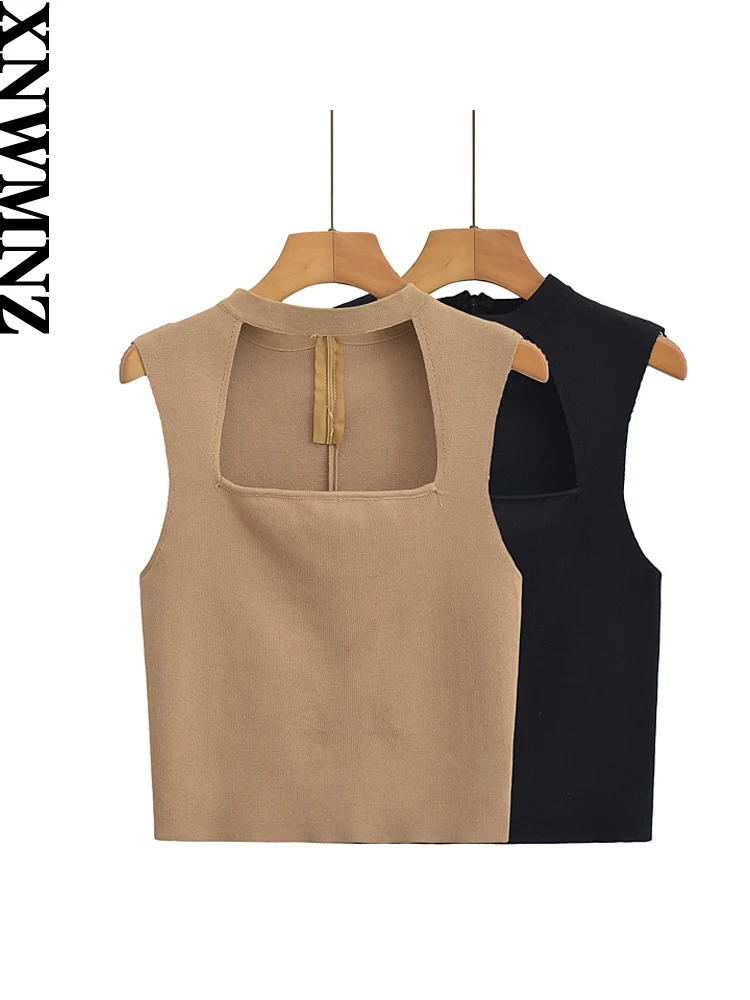 

XNWMNZ 2023 Women Fashion Stickiness Hollow Top Woman Retro Sleeveless Back Zipper Slim Fit Female Chic Top