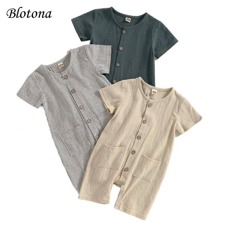 

Blotona Baby Boys Girls Newest Summer Casual Jumpsuit Solid Color/Striped Short Sleeve Button Romper 0-24Months