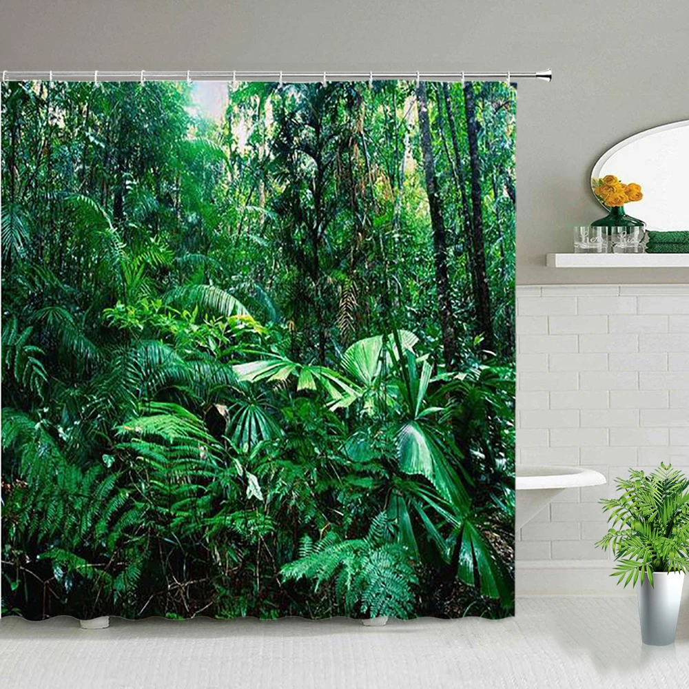 

Forest Landscape Shower Curtains Green Tropical Plant Palm Tree Flower Leaves Garden Natural Scenery Bathroom Decor Bath Curtain