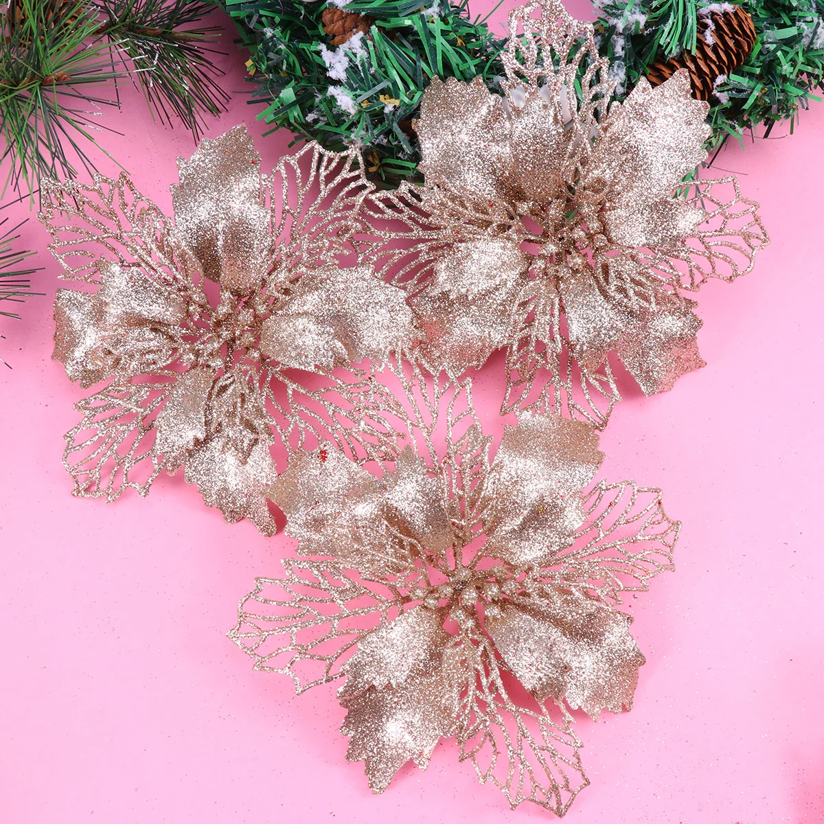 

12 Christmas Flower Ornament Glitter Hanging Flowers Christmas Poinsettia Flowers for DIY Wedding Christmas Party Festival