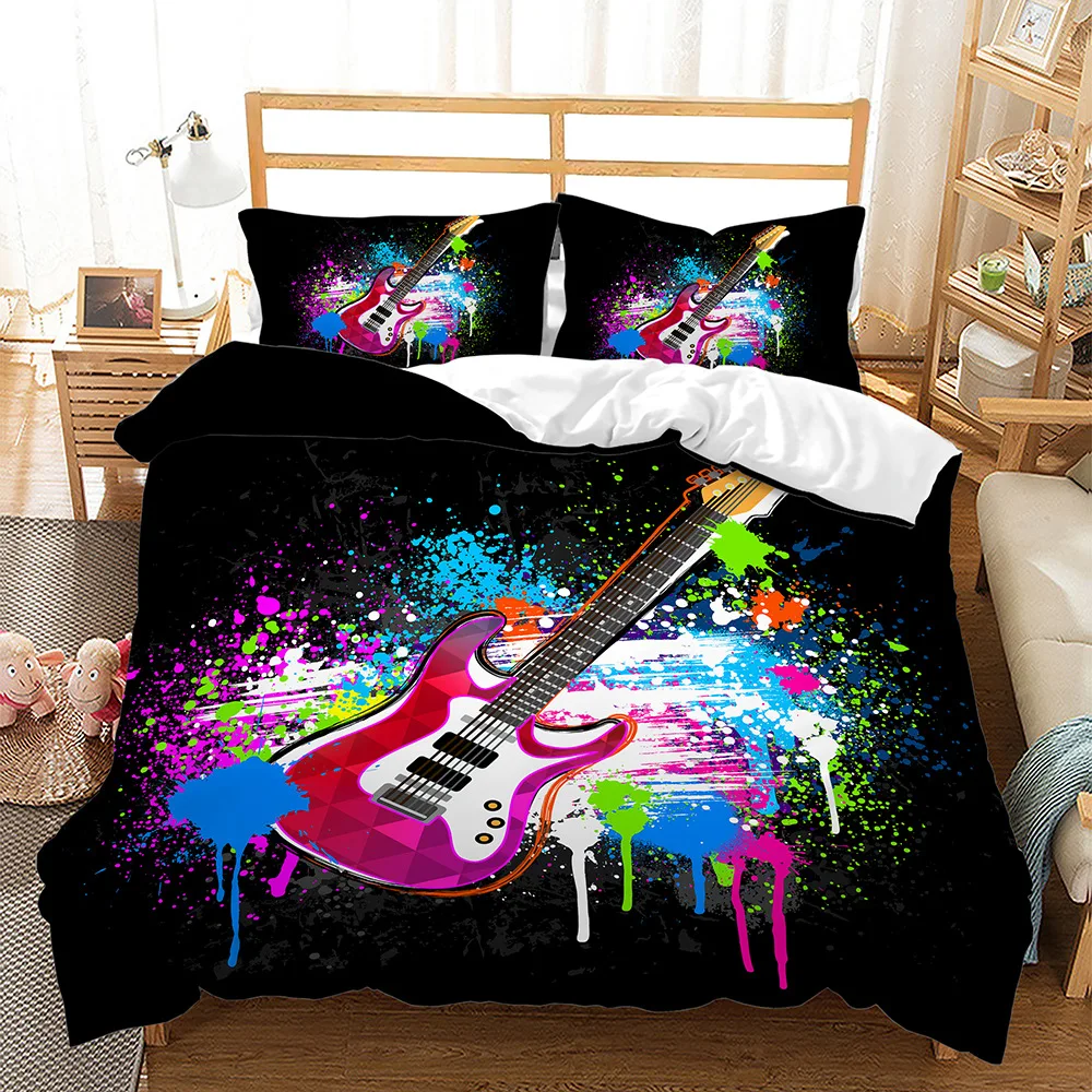 

Fashion Electric Guitar Bedding Set Soft Polyester Queen King Full Size Duvet Cover Set with Pillow Cover Teens Boys Bed Linen