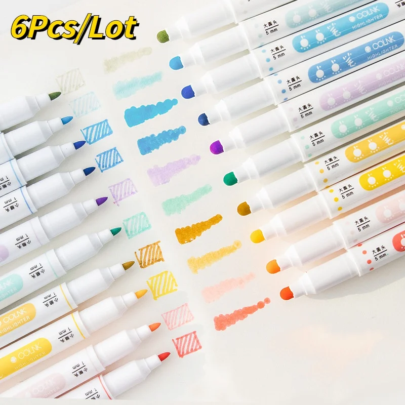 

6Pcs/Lot Colored Dot Markers Pen Stationery Highlighters Set Dual Tips Round Waterproof Watercolor Painting Art Supplies