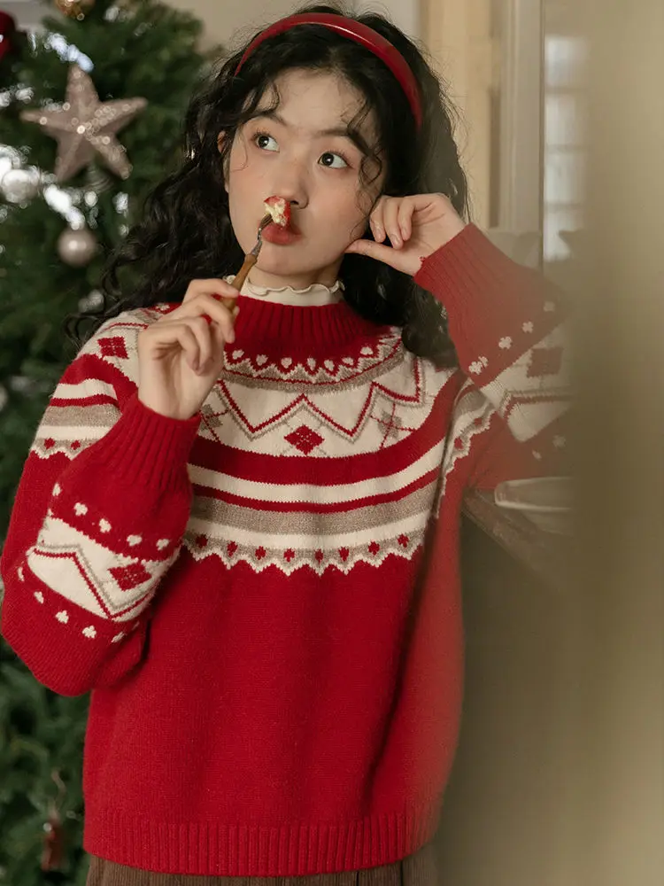 Новогодний и рождественский красный вязаный свитер женский зимний свободный топ