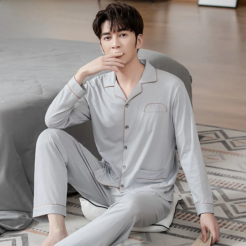 Finteng Kean Autumn Modal Cotton Silk Pajamas for Men 2024 New Long sleeve Spring and Men's Plus size Homewear