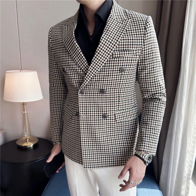 Double Breasted Blazer Men Slim Fashion Social Mens Dress Jacket Korean Casual Plaid Suit Jacket Mens Office Formal Blazer M-3XL