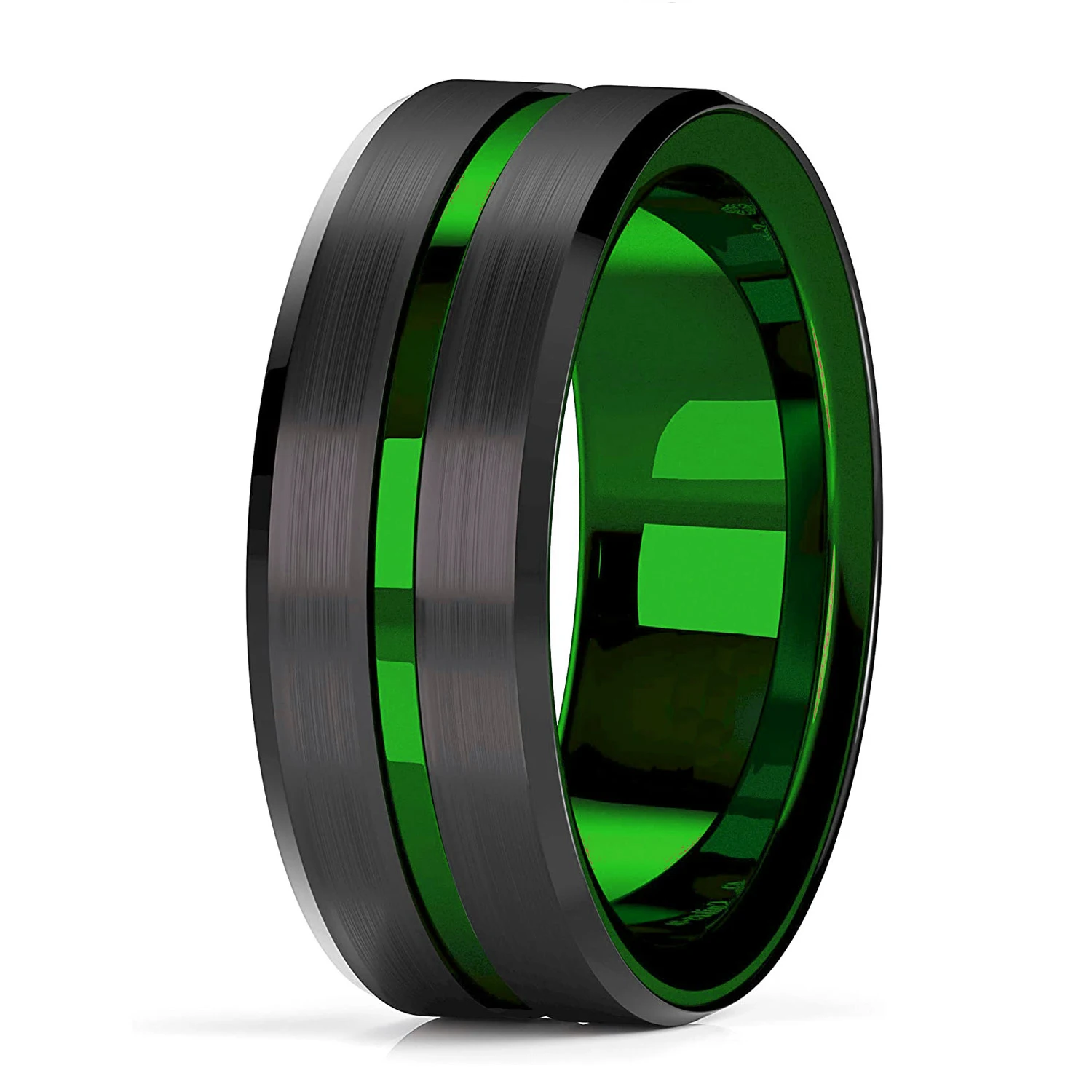 

Trendy 8mm Green Color Groove Beveled Edge Tungsten Wedding Rings For Men Black Brushed Steel Engagement Ring Men's Wedding Band