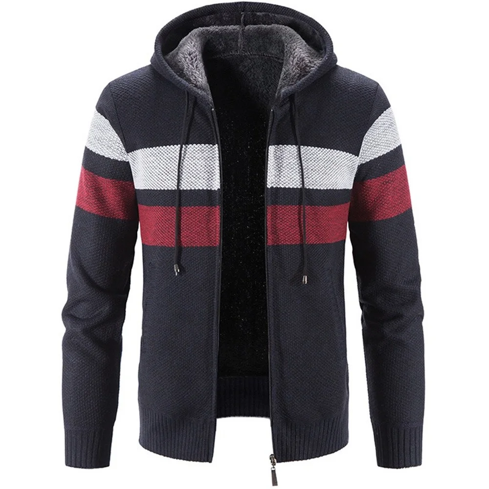 

Men's Autumn Winter Hooded Cardigans Fleece Thick Warm Sweaters Cardigan Fashion Stripe Sweatercoat Casual Knitted Outerwear