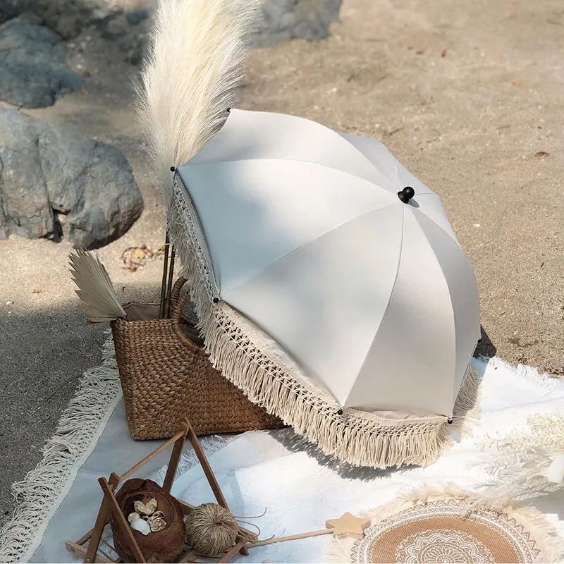 

INS Rain Gear Lace Bohemian Style Children's Umbrella Outdoor Stroller Sunshade Baby Beach Sunscreen UV Protection Umbrella