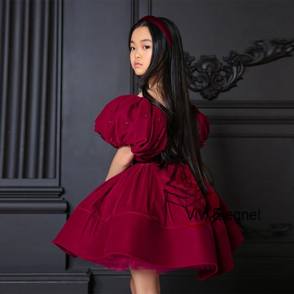 Scoop Burgundy Short Sleeve Flower Girl Dresses for Birthday 2023 Summer Tutu Tiered Christmas Gown with Beading فساتين بنات صغا images - 6