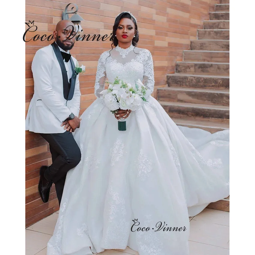 Фото Customized Africa Style Wedding Dresses Ball Gown High Neck Long Sleeves Lace Appliques Beading Wedding Dress For Bride W1352 №2