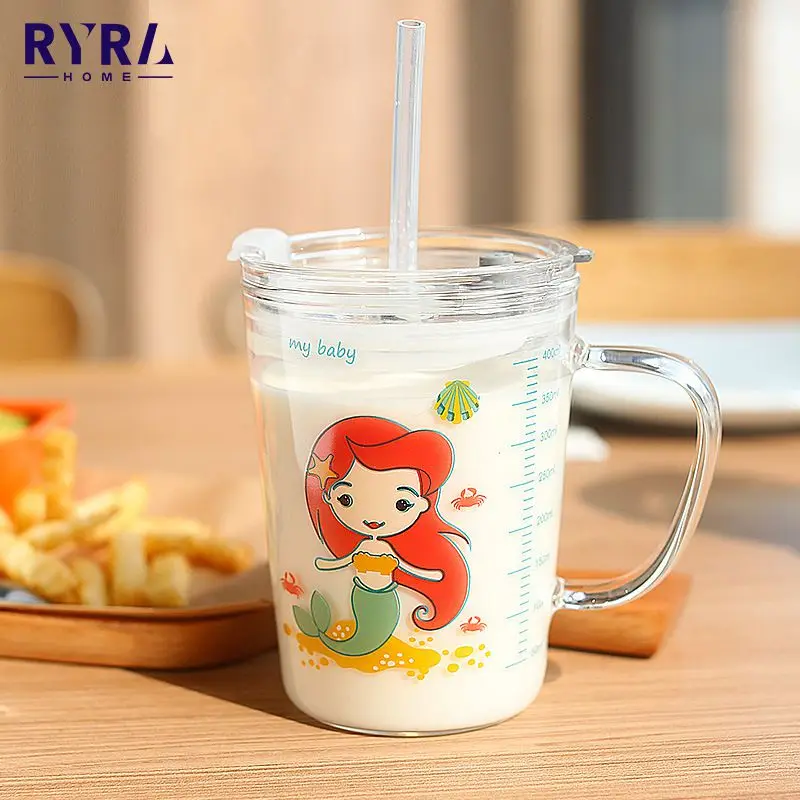 

400 мл детская стеклянная соломенная чашка стакан для молока со шкалой устойчивая к высоким температурам стакан для воды для вечеринки домаш...