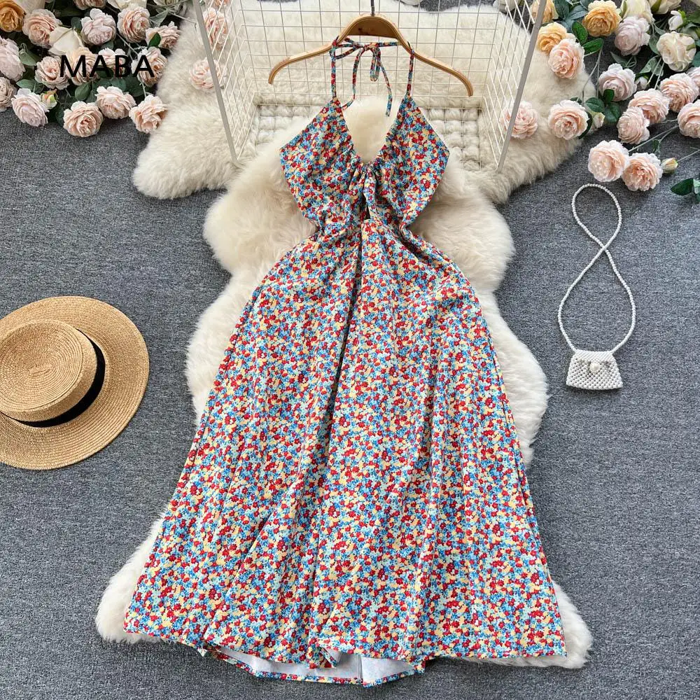 

Summer Women Vintage Print Floral Beach Spaghetti Strap Dress Female Sexy V-neck Open Back Elastic Waist Elegant Holiday Dress