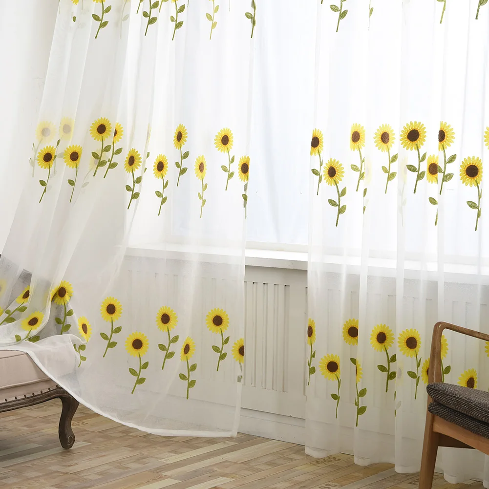 

1pc Sheer Tulle Sunflower Short Curtain Cute Daisy Embroidered Half-Curtain for Bedroom Kitchen Door Drape Cafe Window Panel